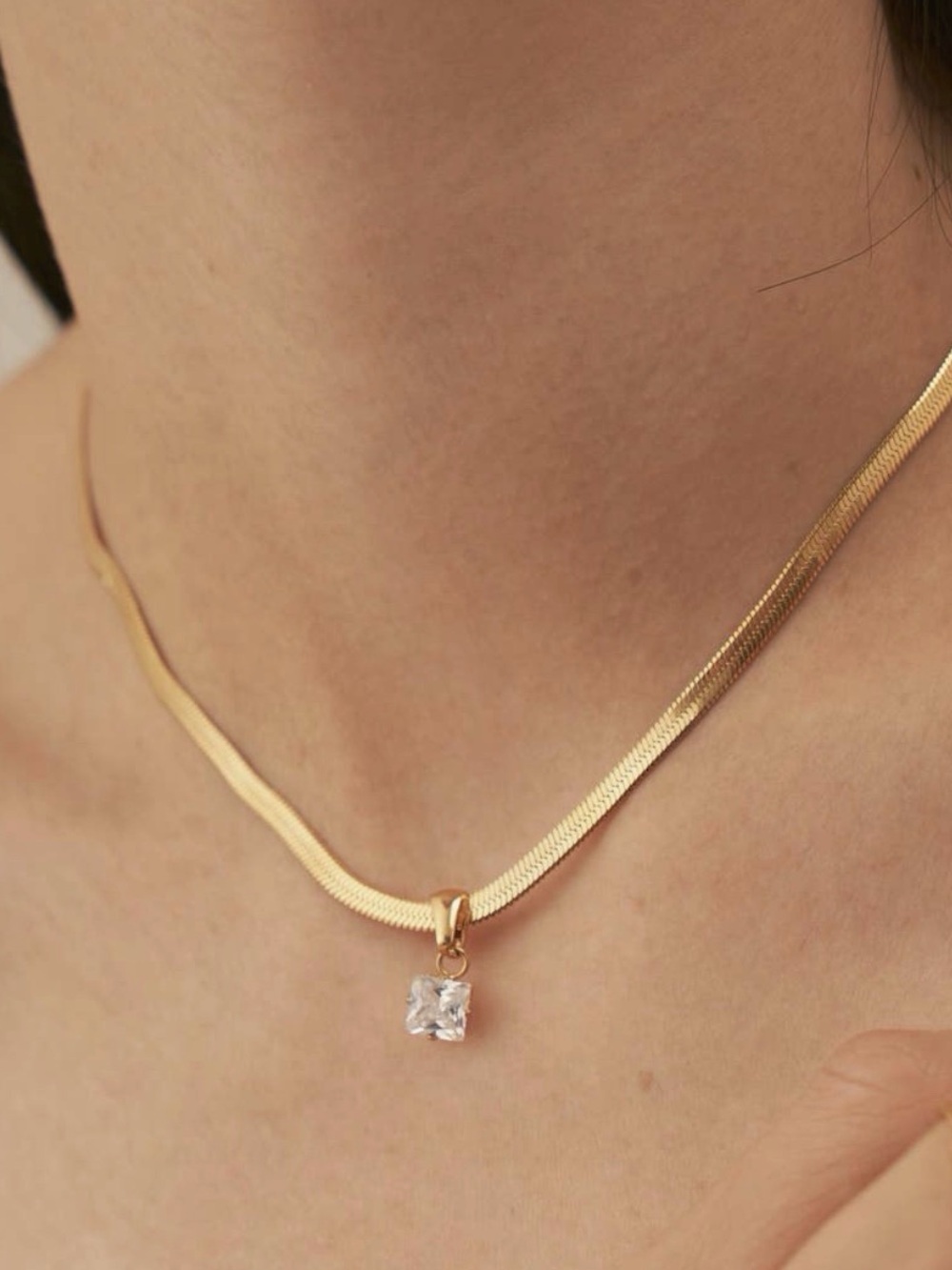 Gold Square Pendant Herringbone Necklace (9723)
